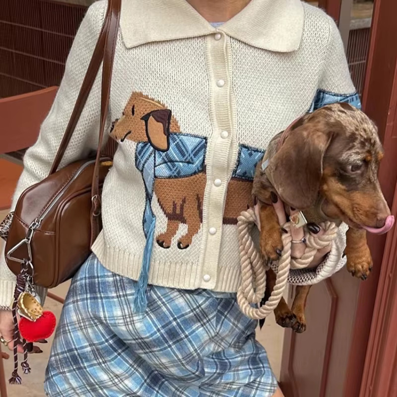 Chic Puppy Pattern Women Cardigan Long Sleeve Lapel Single Breasted Sweater Parrty Casual Coats New Lady Commuter Outerwear