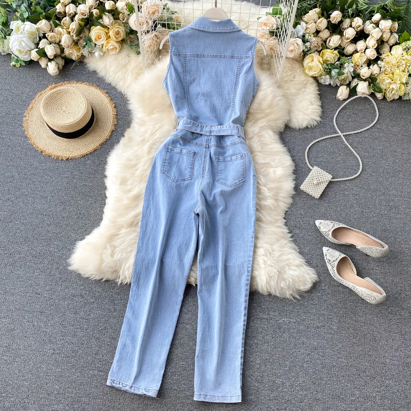 Chic Women Retro Single Breasted Lace Up Slimming Straight Wide Legs Denim Pants Jumpsuit Cow Playsuits Jeans Overall Rompers 250122