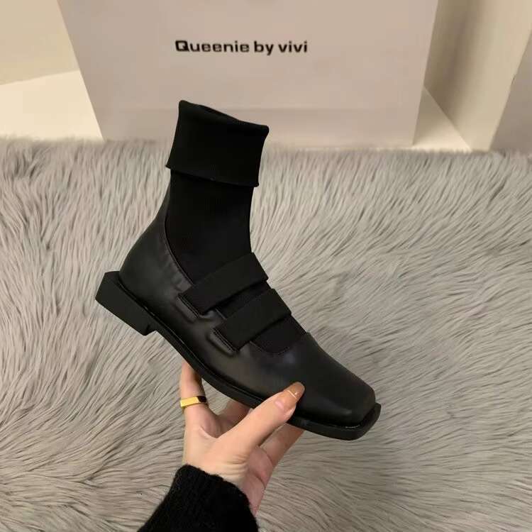 British style square knitted socks 2023 new high quality slimming loafers women's ankle boots single shoes