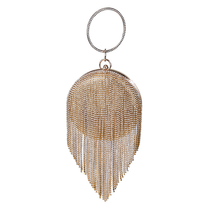 new style New Flat Spherical Tassel Rhinestone Dinner Handbag Women's Dress Chain Bag Xiyin Same Style