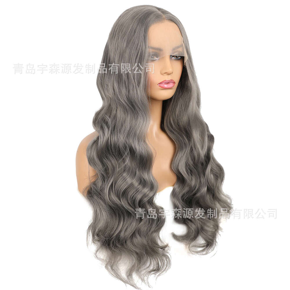 Lace Front Wig Cover T Shape New X Dark Grey Matte High Temperature Silk Fiber Front Lace Wig Head Cover Long Curled Hair