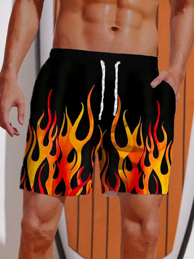 2024 Summer 3D Printed Striped Flame Printing Shorts Mens Board Swim Trunks Drawstring Breathable Short Hawaiian shorts 250121
