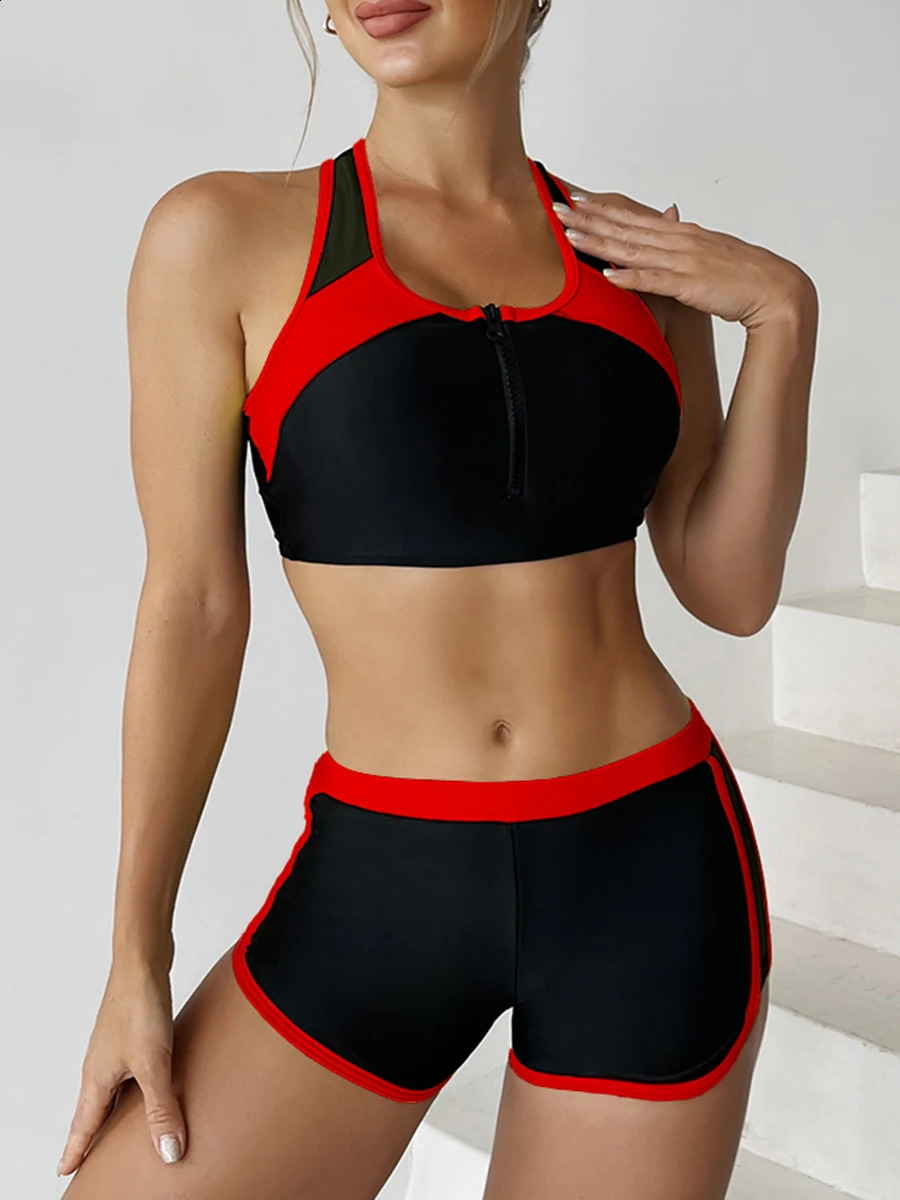 Zipper Bikini Set Two Piece Swimsuit Women With Shorts Sports Swimwear Female Bathing Swimming Suit Beach Wear Summer 250122