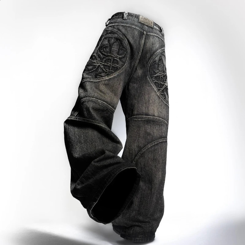 Y2K Fashion Black Stitching Washed Make Old Baggy Jeans Women Street Dressing Rock Casual High Waist Wide Leg Pants 250117