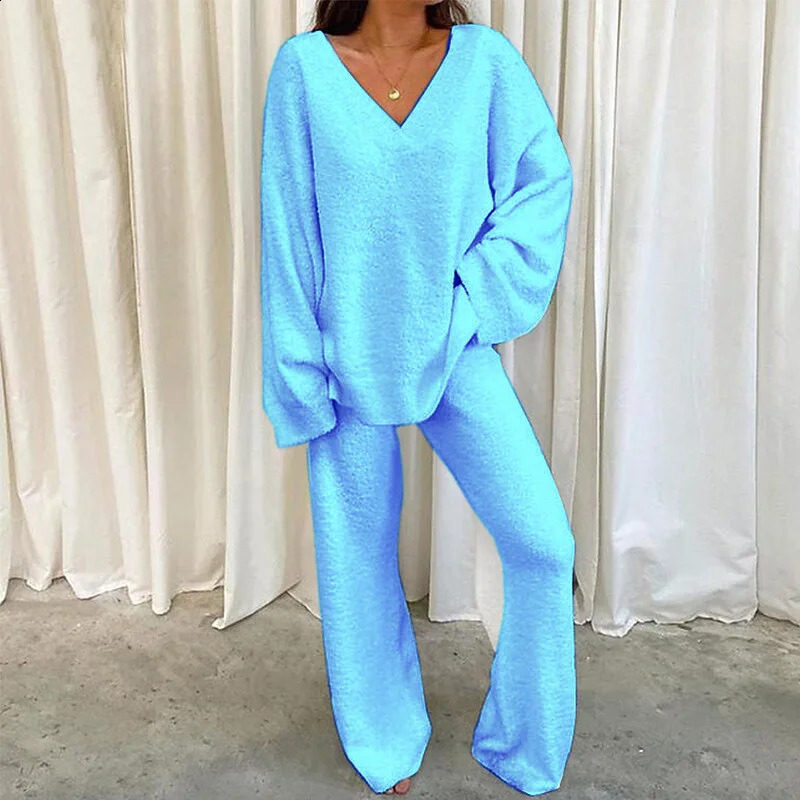 Autumn Winter Warm 2 Piece Outfits Women Long Sleeve V-neck Top Pullover And Casual Pants Set Elegant Tracksuits Loungewear 250122