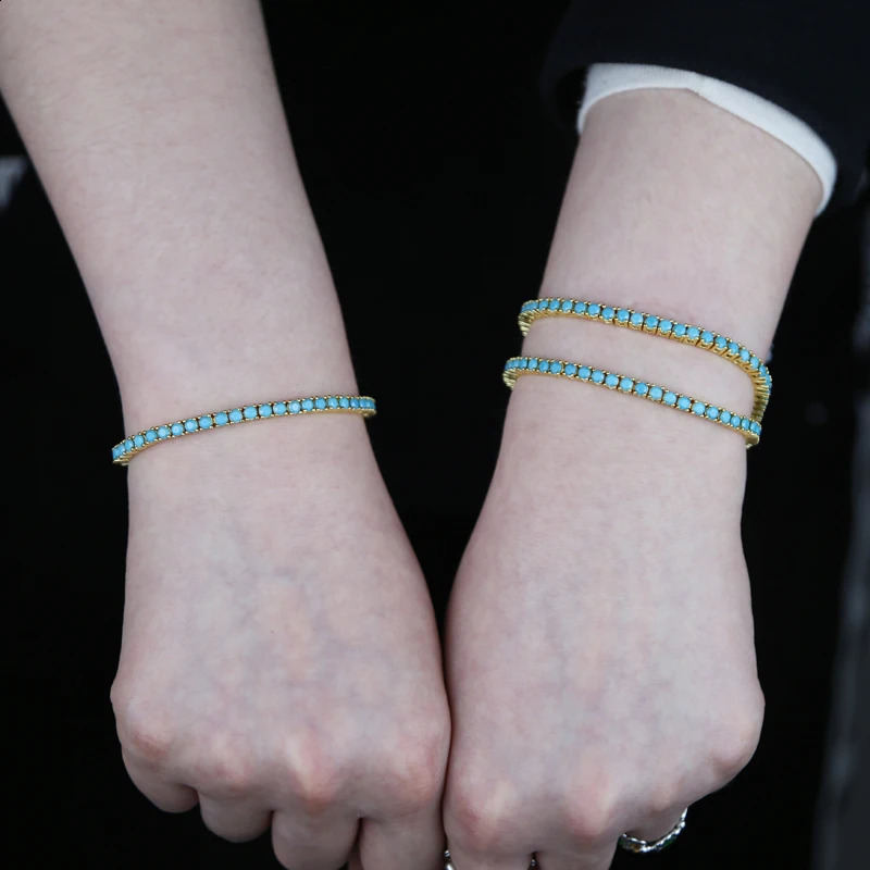 2024 Gold Color Bling 3mm Turquoises Paved Tennis Chain Necklace Mirco Pave CZ Charm Blue Stone Fashion Women Choker Jewelry 250118