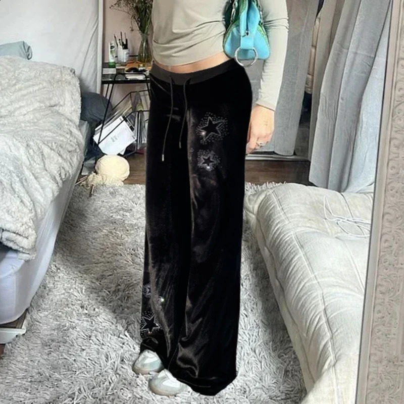 Rhinestones Star Velvet Flared Pants Y2K Aesthetic High Waist Baggy Sweatpants Casual Basic Boot Cut Trousers 250117