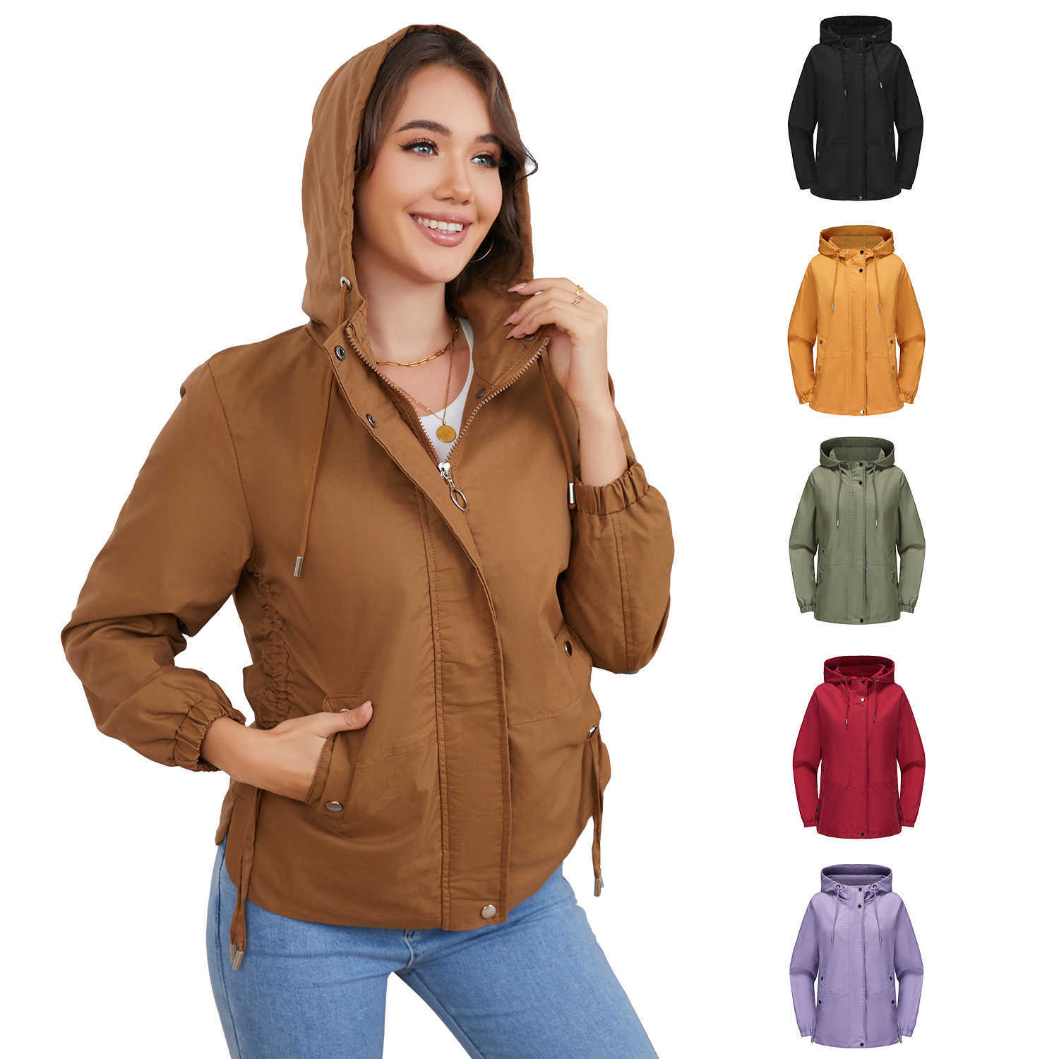 Spring Autumn Casual Windbreaker Womens Loose Windproof Jacket Hooded Long Sleeved Basic Windproof Jacket Women Leather Womens Jacket 241209