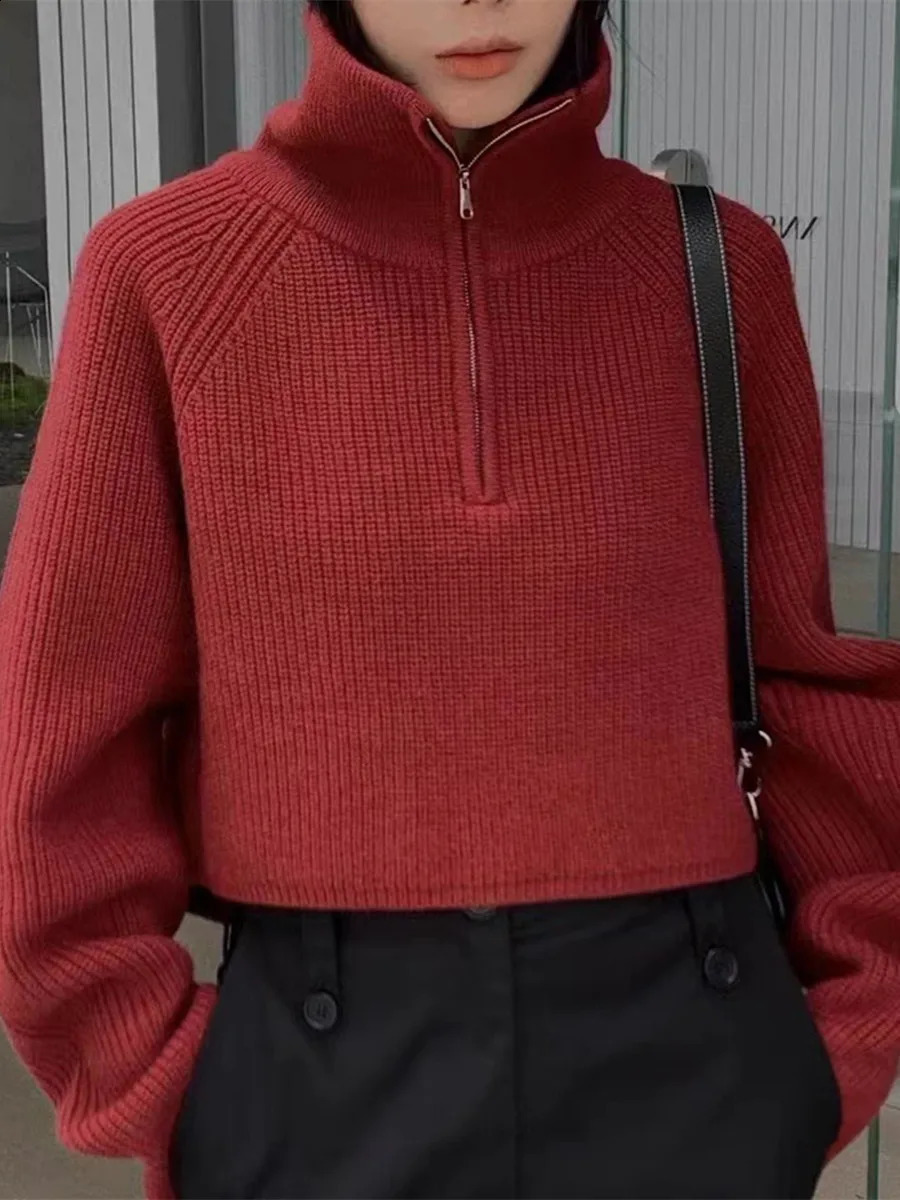 Quarter Zip Knit Sweater Cozy High Collar Long Sleeve Crop Jumper Pullover Women Teenage Fall Winter 250117