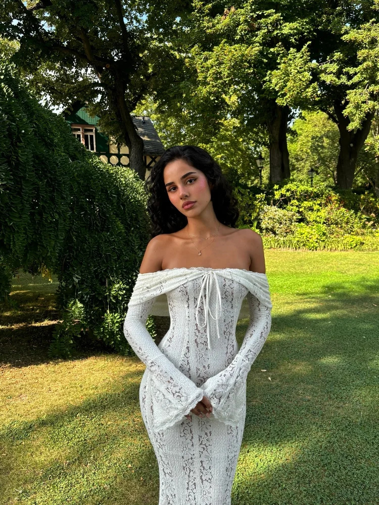 Women Elegant Off Shoulder Lace Up Ruffle Edge Dress Chic Hollow Out Puff Long Sleeves Maxi Slim Dresses Spring Lady Street Robe 250122
