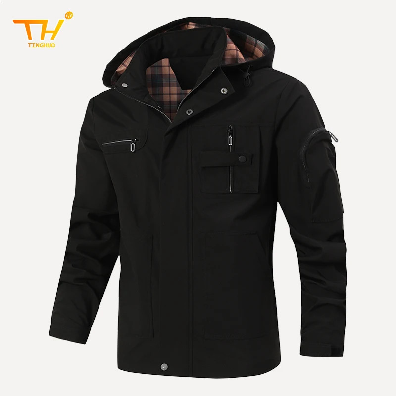 TINGHUO Jacket Mens spring and autumn cargo multi-pocket plaid mens jacket breathable windproof zipper long sleeve Coats 250117