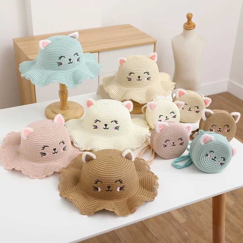 Childrens Summer Straw Hat Girls Cute Smile Wavy Cats Ears Steamed Cat-ear Shaped Bread Straw Hat Matching Bag M250121
