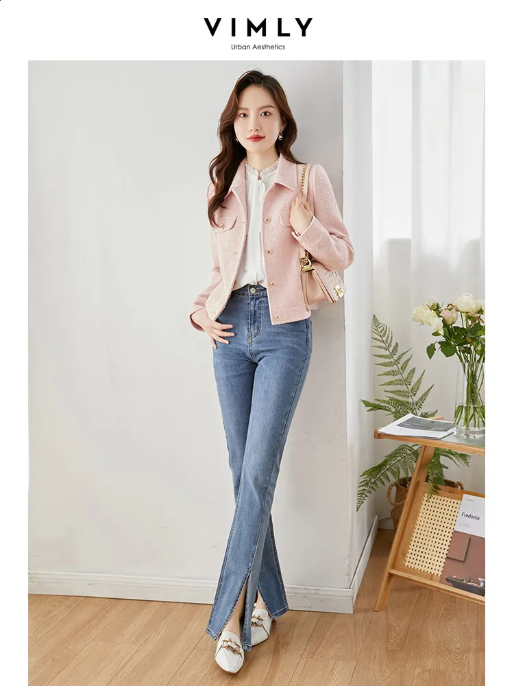 VIMLY Pink Texture Tweed Cropped Spring Jacket for Women Short Coat Lapel Long Sleeve Outerwear Female Clothes V7669 250122