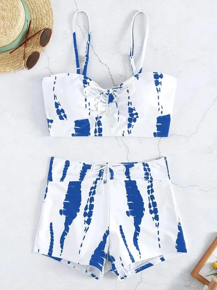 Black and White Tiedye Swimsuit Split Womens Highwaist Boxer Net Red Sexy Figure Hawaiian Beach 250122