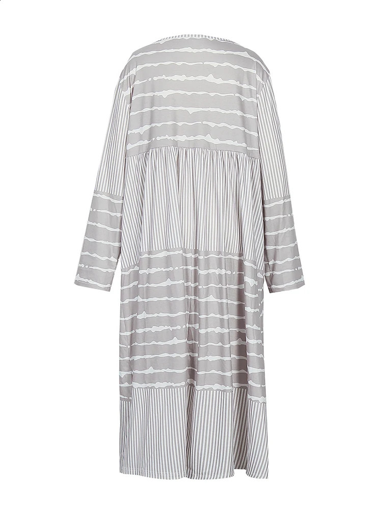Womens Long Sleeve Button Down Streaks Midi Dress Plus Size Casual Crew Neck Swing Dresses 250121