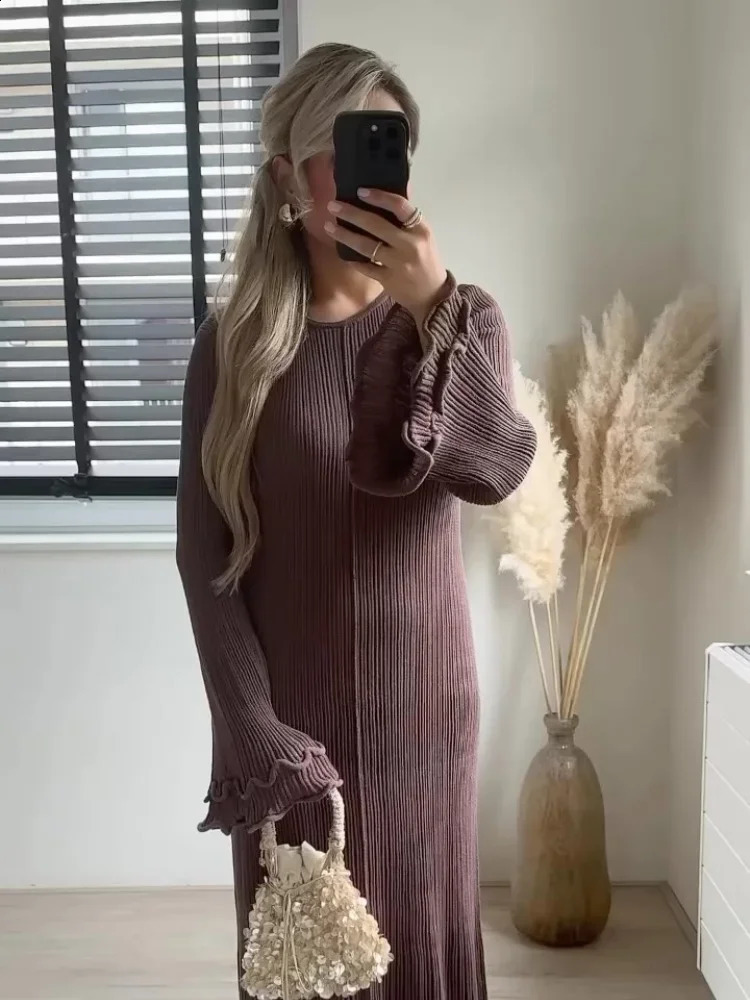 Womens Chic Ruffles Backless Lace Up Knitted Maxi Dress Elegant Round Neck Flare Long Sleeve Vestido Lady Fashion Robe 250122