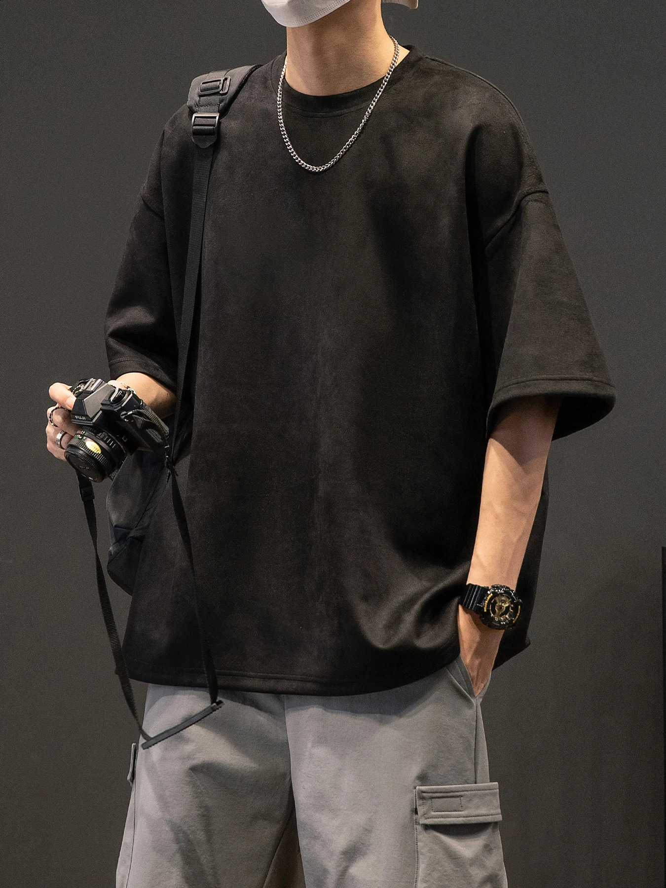 Mens Summer American Suede Top Fashion Casual Vintage Short Sleeve Versatile T-shirt 250109