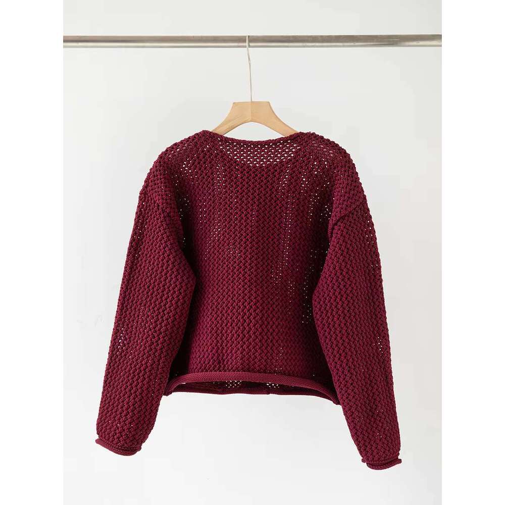 Pocket Solid Knitted Cardigan Women Autumn Single Breasted Long Sleeve Sweater Vintage Fashion Hollow Out Jumper Outerwear