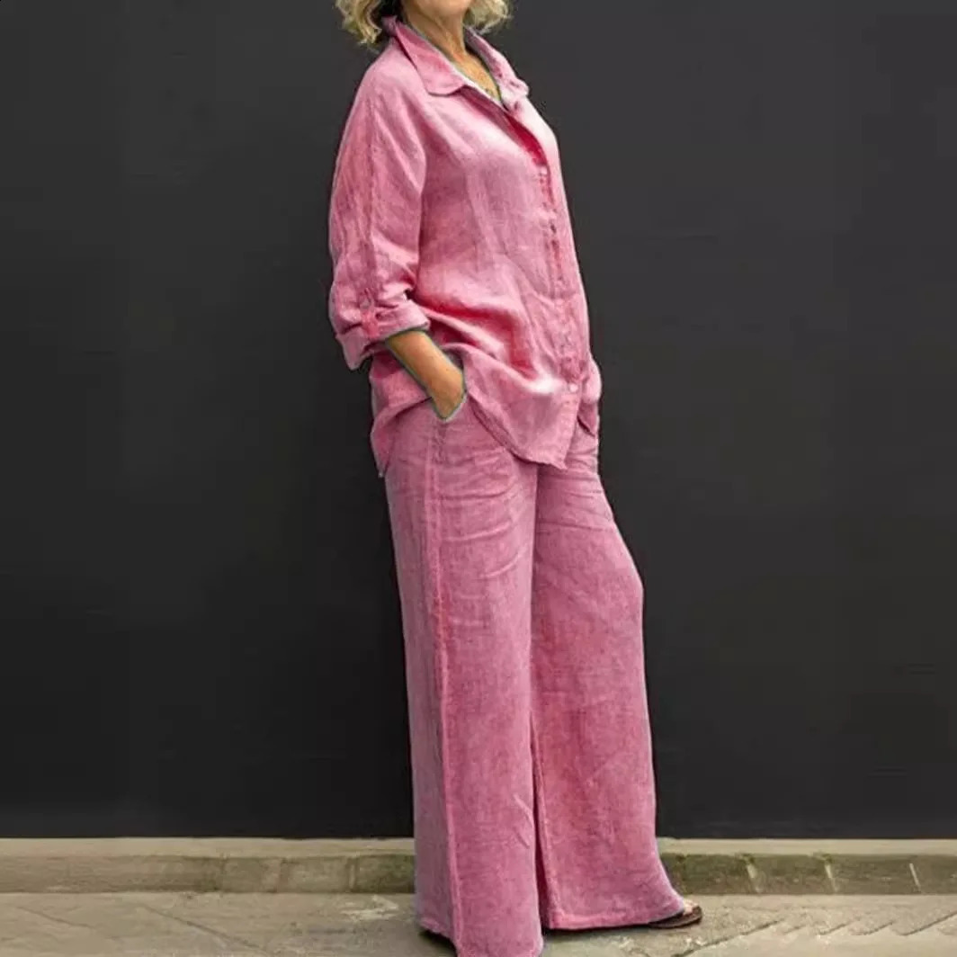 Casual Cotton Linen Two Pieces Set Women Autumn Long Sleeve Shirt Trousers Fashion Solid Straight Pants Suit Outfits 250122