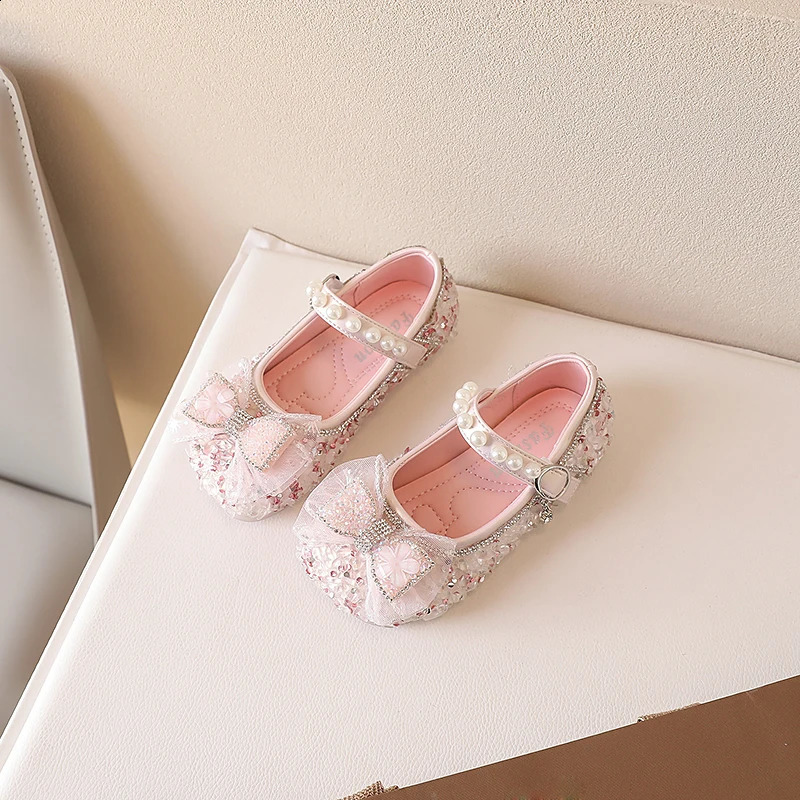 Girls Mary Janes for Party Wedding Shows Bow Sequined Rhinestones Shallow Children Fashion Versatile Soft Kids Casual Shoes 2024 250121