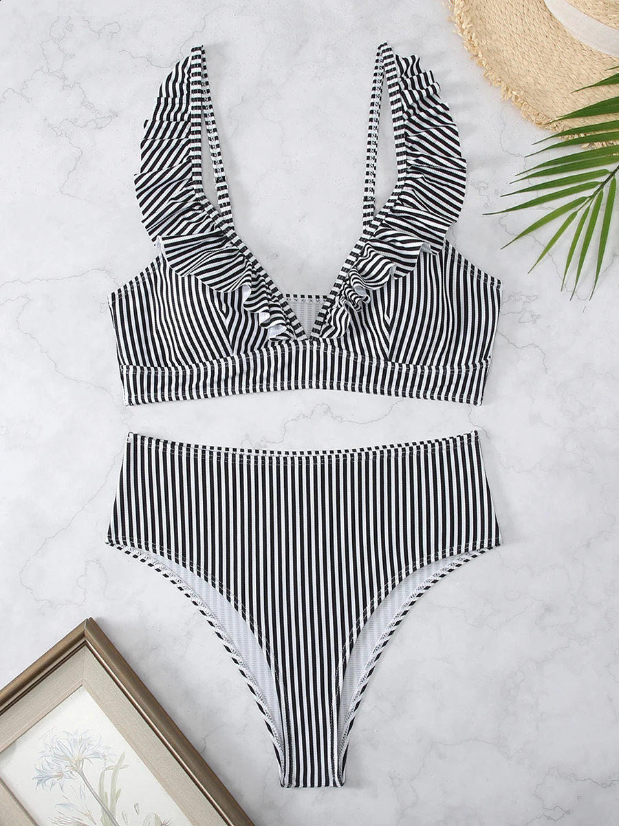 Sexy Striped Ruffle Bikini Swimsuit Women Two-piece Swimwear High Waisted Bikinis Sets Female Bathing Suit Push Up Monokini 250109