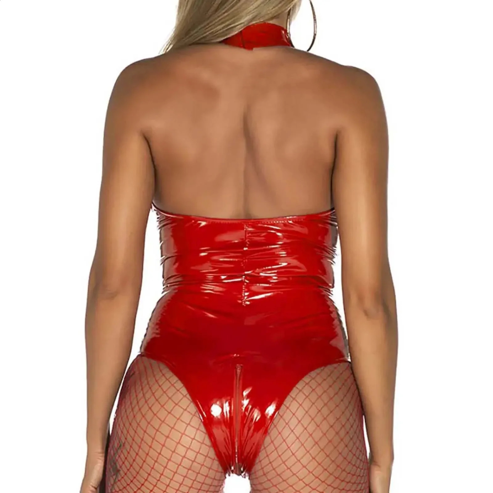 Womens Tight Fitting Mirror PVC Leather Pu Lacquer Open Crotch Mujer Dress See Through Mesh Transparent Sexi Exotic Apparel 250108