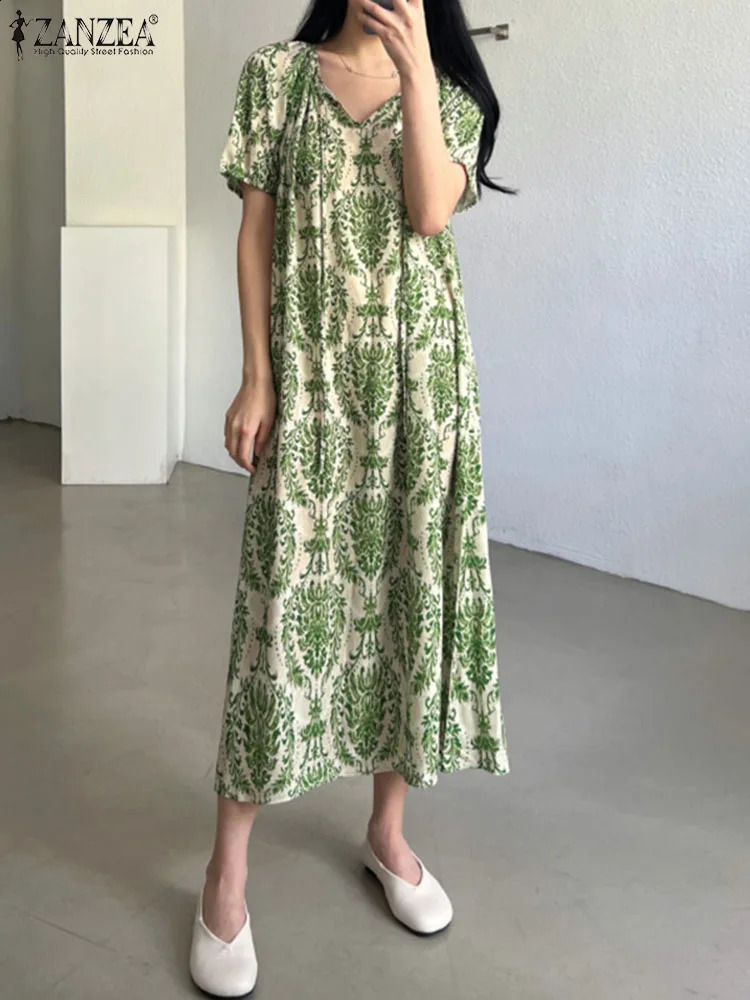 ZANZEA Puff Sleeve Loose Maxi Dress Vintage Printing Summer Vestido Lace Up Oneck Robe Fashion Casual Holiday Dresses 250121