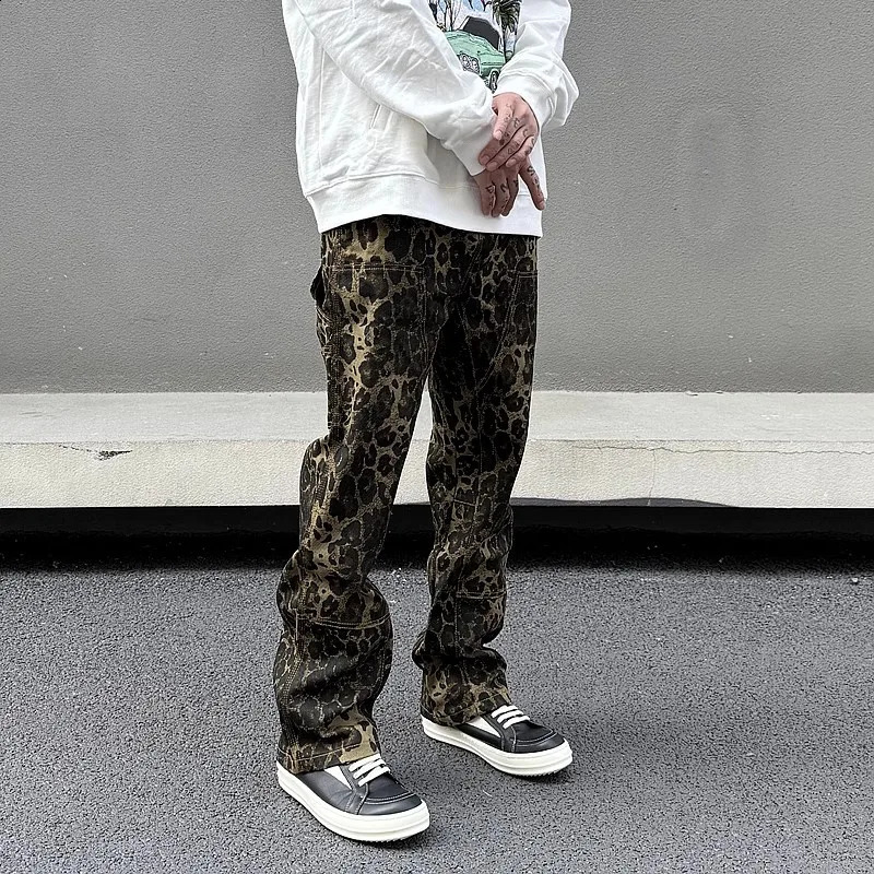 Full Leopard Pocket Vintage Jeans for Men and Women Straight High Street Baggy Casual Denim Trousers Oversize Pantalones Hombre 250120