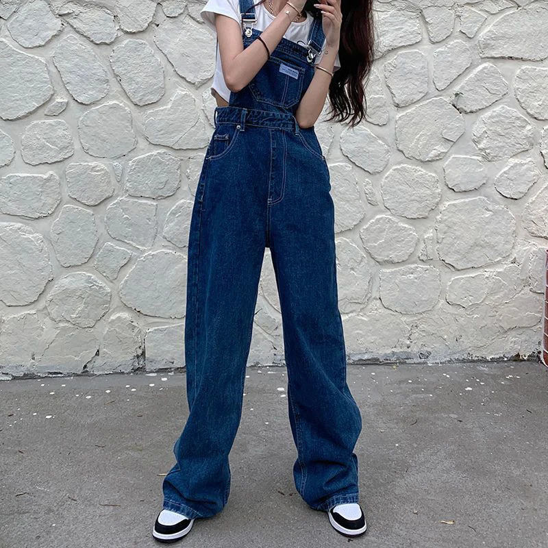 MEXZT Vintage Denim Jumpsuits Women Streetwear Wide Leg Jeans Overalls Korean Baggy Suspender Pants Summer Straight Trousers 250122