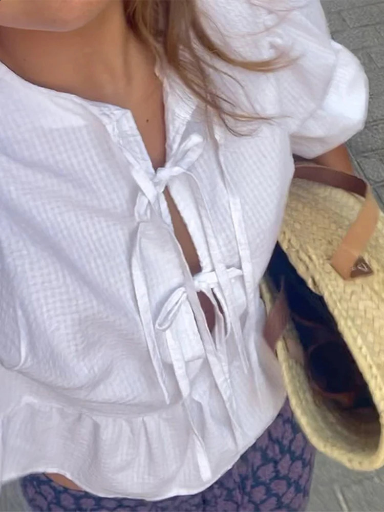 Solid Bow Lace Up Shirt Elegant Oneck Short Puff Sleeves Blouse Female 2025 Spring Summer Chic Ruffle Lady Streetwear 250122