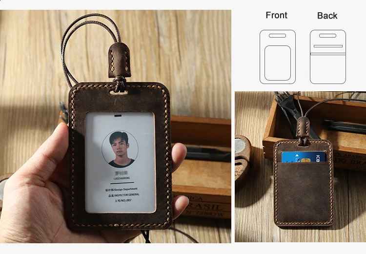 Handmade Vintage Crazy horse Genuine leather card holders ID card holder name card leather sleeve ID Badge Case 250120