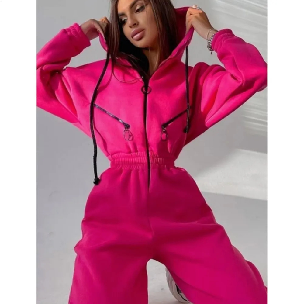 Autumn Womens Monochrome Long-Sleeved Jumpsuit Solid Color Zip-up Sportswear Female Winter Casual Tracksuit Fashionable Hoodies 250122