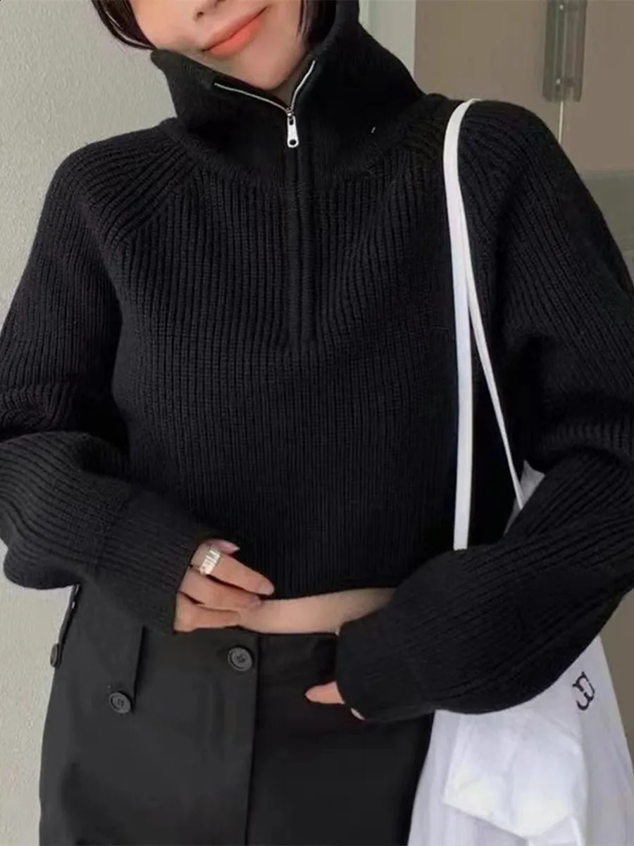 Quarter Zip Knit Sweater Cozy High Collar Long Sleeve Crop Jumper Pullover Women Teenage Fall Winter 250117