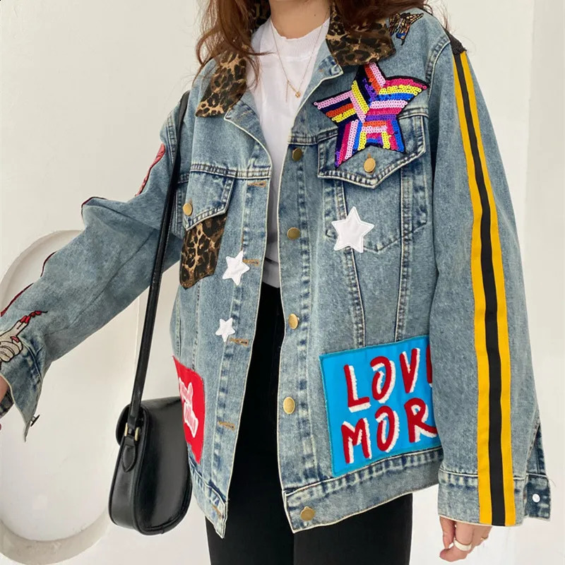 Vintage Multicolour Sequins Leopard Patch n Denim Jacket Women Cow Outerwear Loose Short Big Pocket Jeans Jacket Female 250121