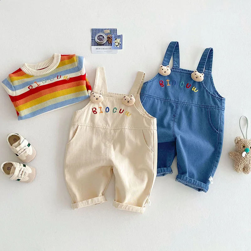 05T Embroidered Letter Cartoon Children Infant Cute Denim Jeans Sweet Loose Casual Girl Boys Pants Strap Overalls 250117