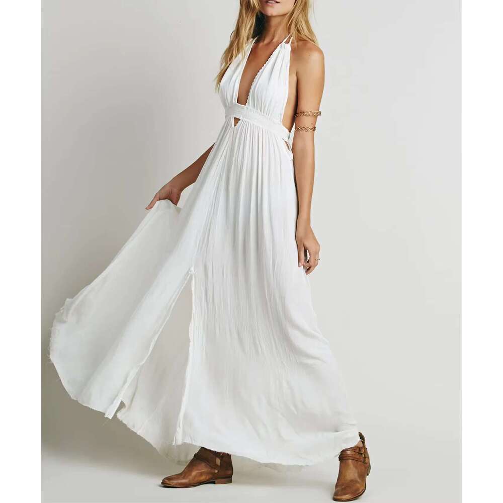 Beach Sundress V Neck Backless Sexy Holiday Cotton Maxi Dresses Boho Vestidos Vacation Strapless Dress