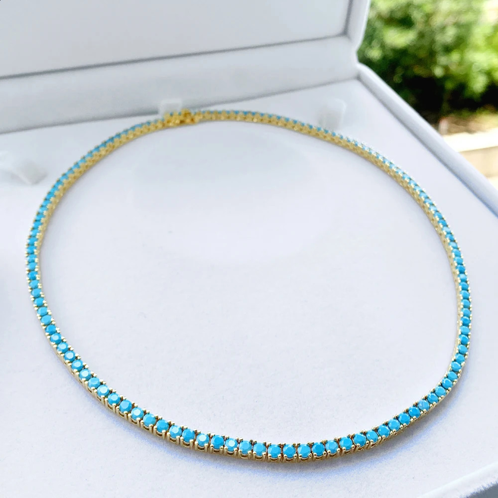 2024 Gold Color Bling 3mm Turquoises Paved Tennis Chain Necklace Mirco Pave CZ Charm Blue Stone Fashion Women Choker Jewelry 250118
