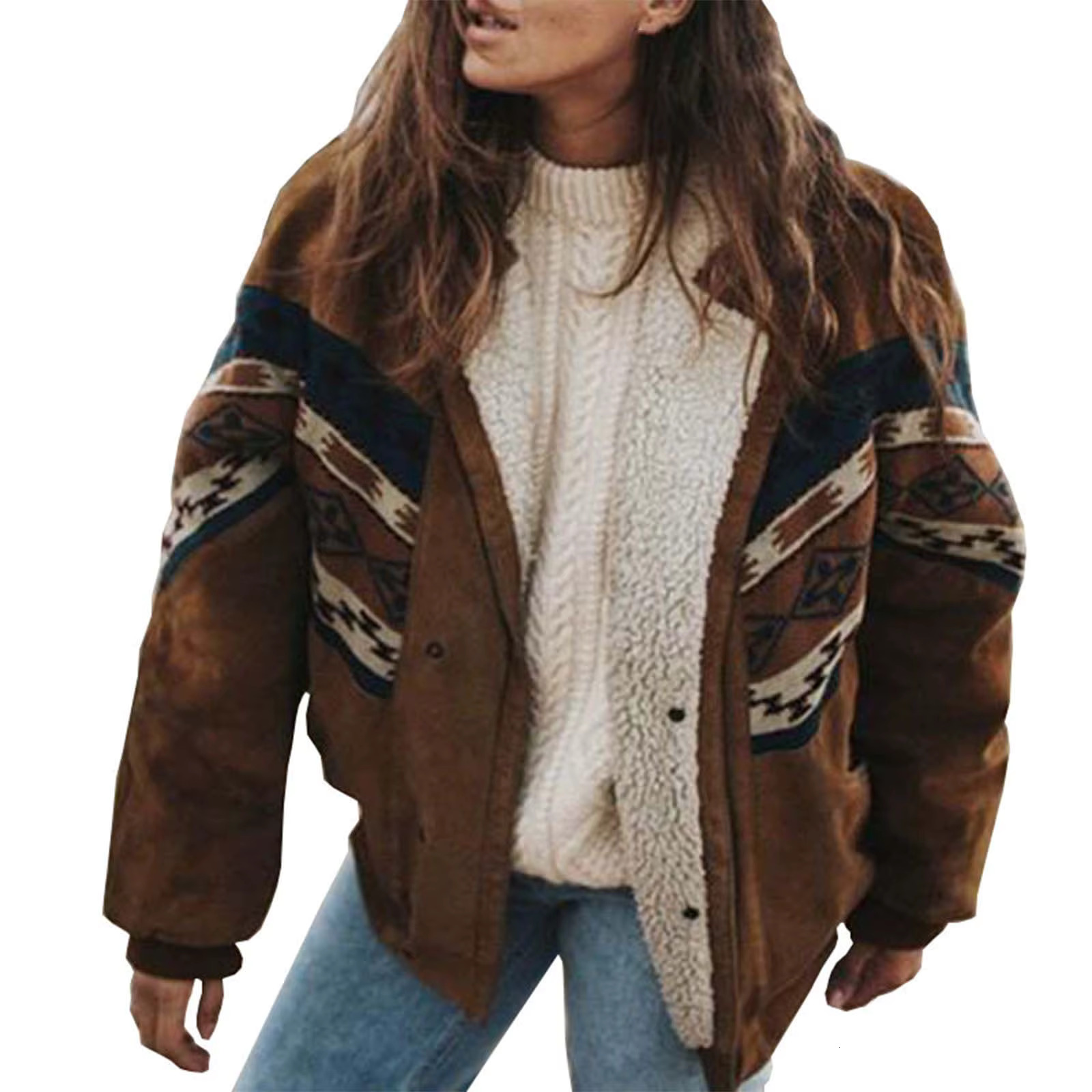 Women Winter Vintage American Retro Geometric Pattern Printed Fleece Jackets Thick Sedue Button Down Cotton Coats
