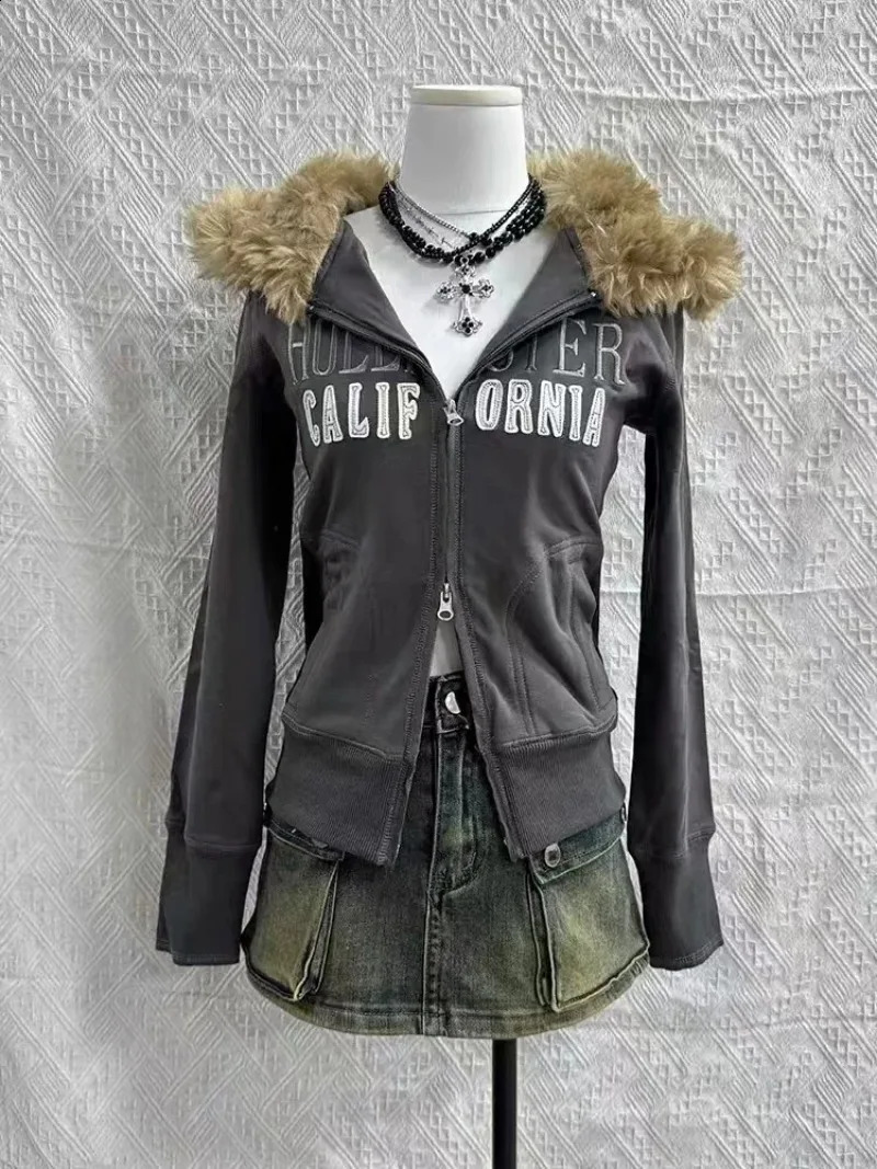 Y2k Street vintage fur collar hat hoodie men and women winter fashion street skull print zipper sweatshirt warm cardigan hoodie 250122