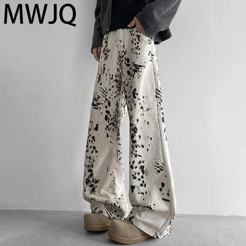 MWJQ Leopard Print n Jeans Mens High Street Loose Wide Leg Pants Full Length Denim Trousers 2025 Fashion 010033 250120