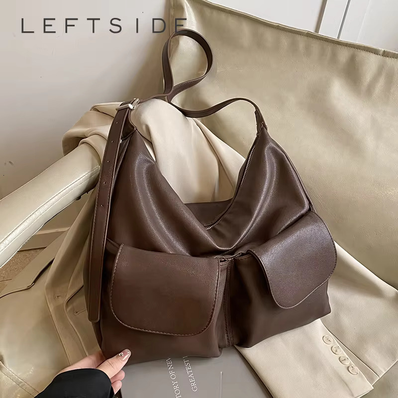 LEFTSIDE PU Leather Double Pockets Crossbody Bags For Women 2025 Spring Y2k Ladies Shoulder Bag Females Designer Retro Handbags