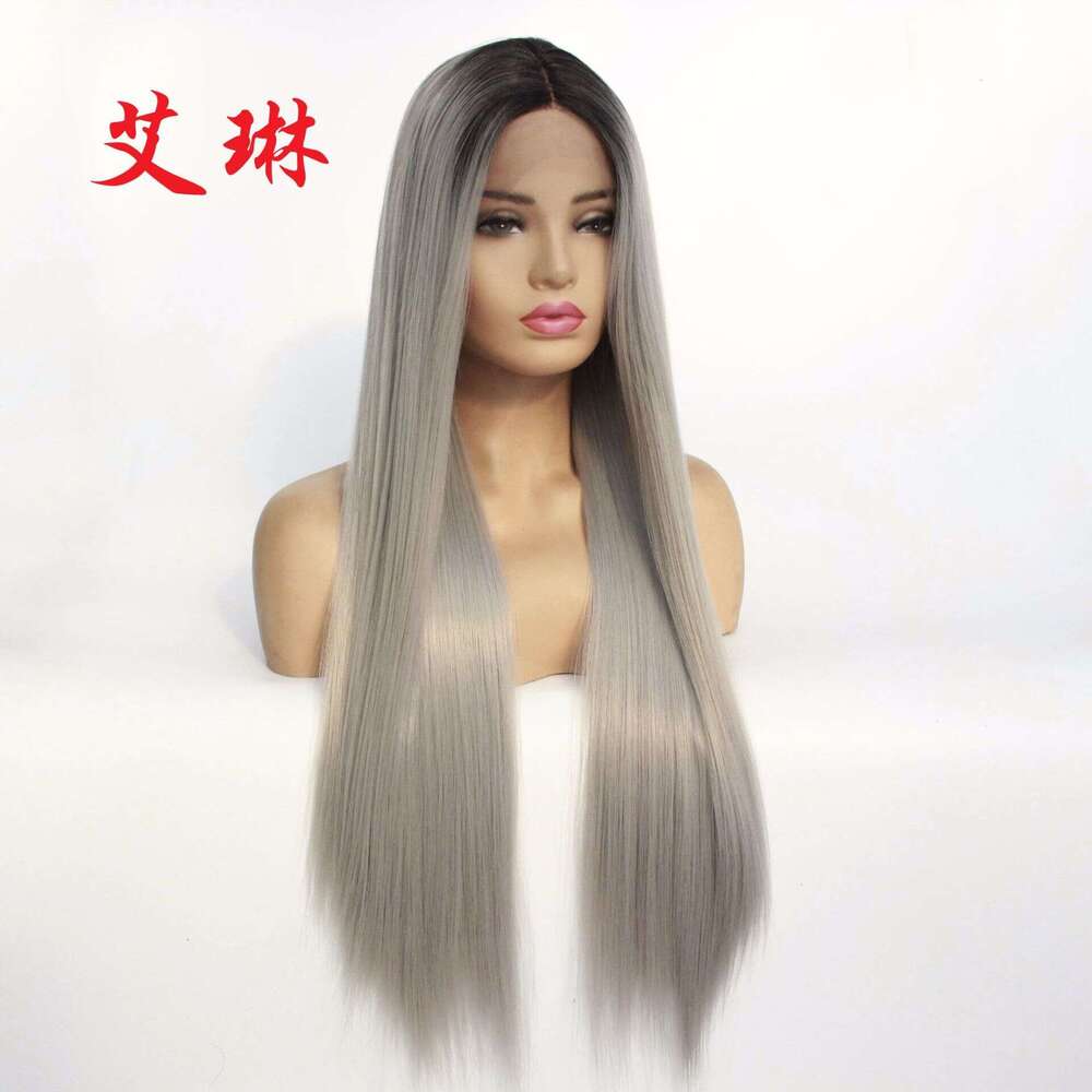 Lace Front Wig Cover T Shape Black Gradient Medium Grey Long Straight Hair Wig Synthetic Front Lace Half Hand Hook Head Cover Fashionable