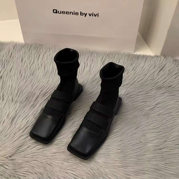 British style square knitted socks 2023 new high quality slimming loafers women's ankle boots single shoes