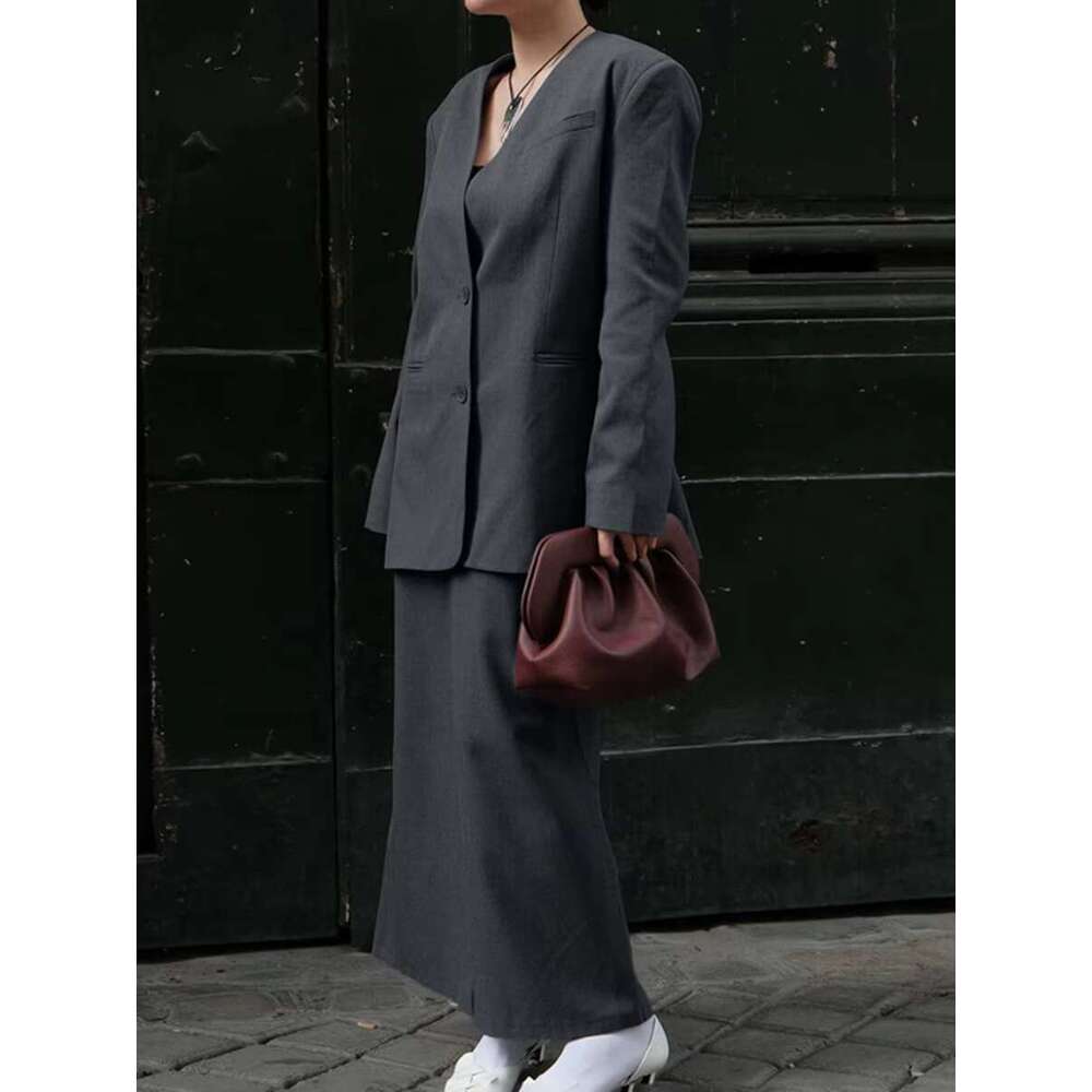 Autumn Vintage Solid Two-Piece Set Women 2024 New V Neck Blazer Jacket+Midi Skirts Elegant Fashion Simple Long Skirt Suits