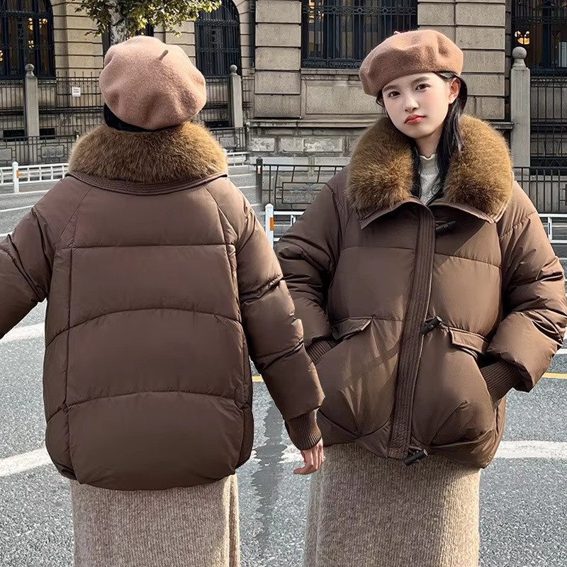 Short Puffer Cotton-Padded Clothes Coat Women Winter Large Fur Collar Jacket 2024 New Korean Loose Lapel Bread Outerwear