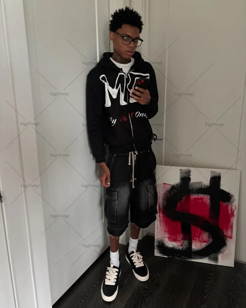 European and American Retro Street Harajuku Clothing Trendy Letters Oversized Hoodie Men Black Street Zipper Sweatshirt 250113