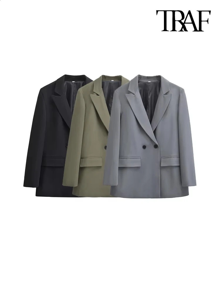 TRAF-Womens Double Breasted Office Wear Blazer Coat Long Sleeve Flap Pockets Female Outerwear Chic Tops Fashion 250109
