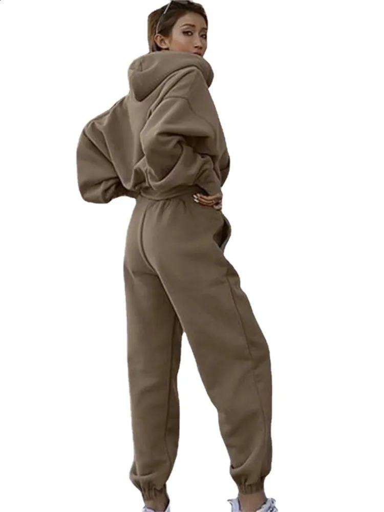 Two piece set of womens solid color drawstring hooded sweatshirt pants sports suit autumn/winter casual streetwear 250122