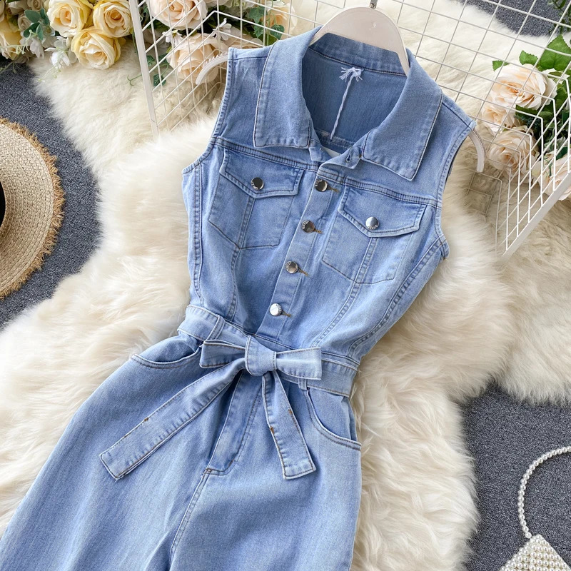 Chic Women Retro Single Breasted Lace Up Slimming Straight Wide Legs Denim Pants Jumpsuit Cow Playsuits Jeans Overall Rompers 250122
