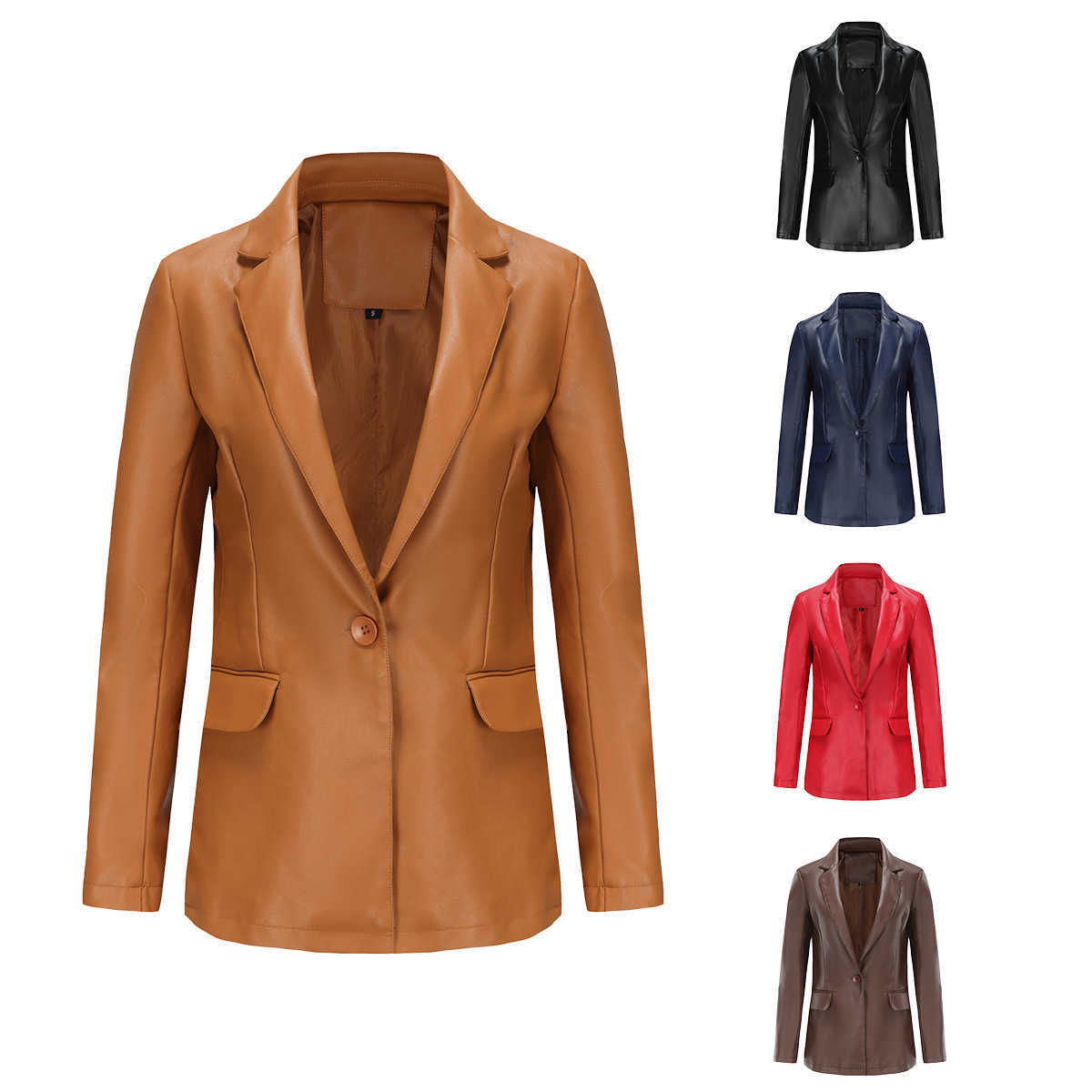 New Little Suit Long Sleeve Coat Womens Single Button Commuter Casual Solid Leather Coat Womens Leather Womens Jacket 241209